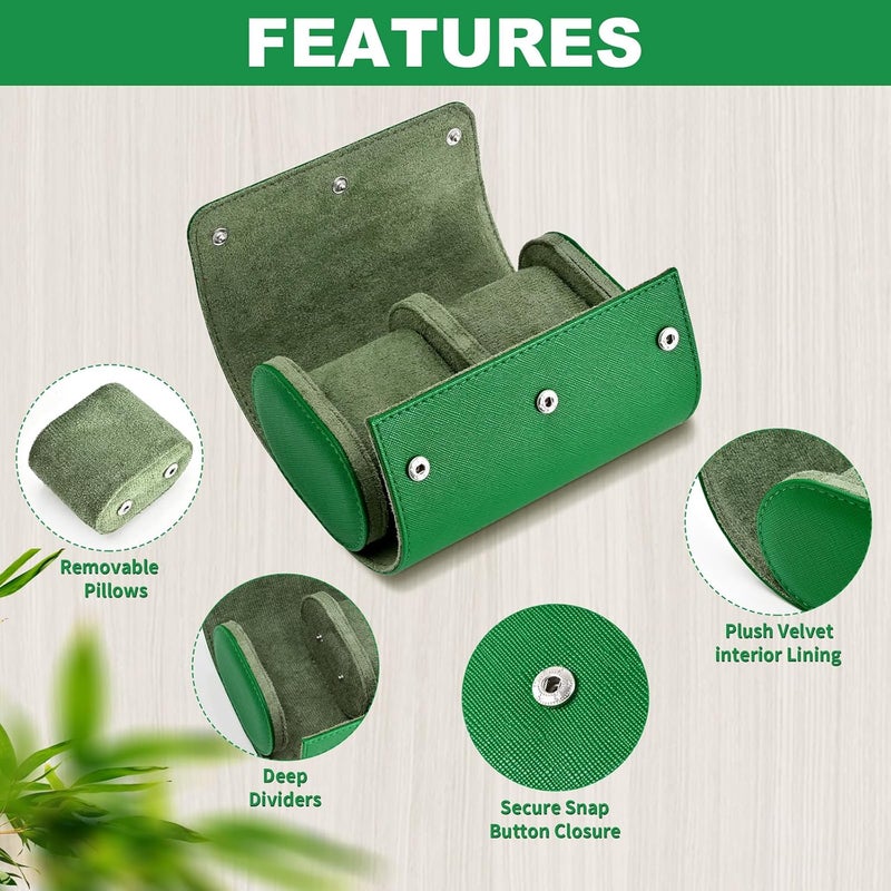 ROSELLE Watch Roll Travel Case for Men and Women- 2 Watch Storage and Organizer-Secure Storage with Innovative Removable Pillows & Solid Dividers for Home Storage, Travel and Display (Green Cross-2 Slot) - Image 2